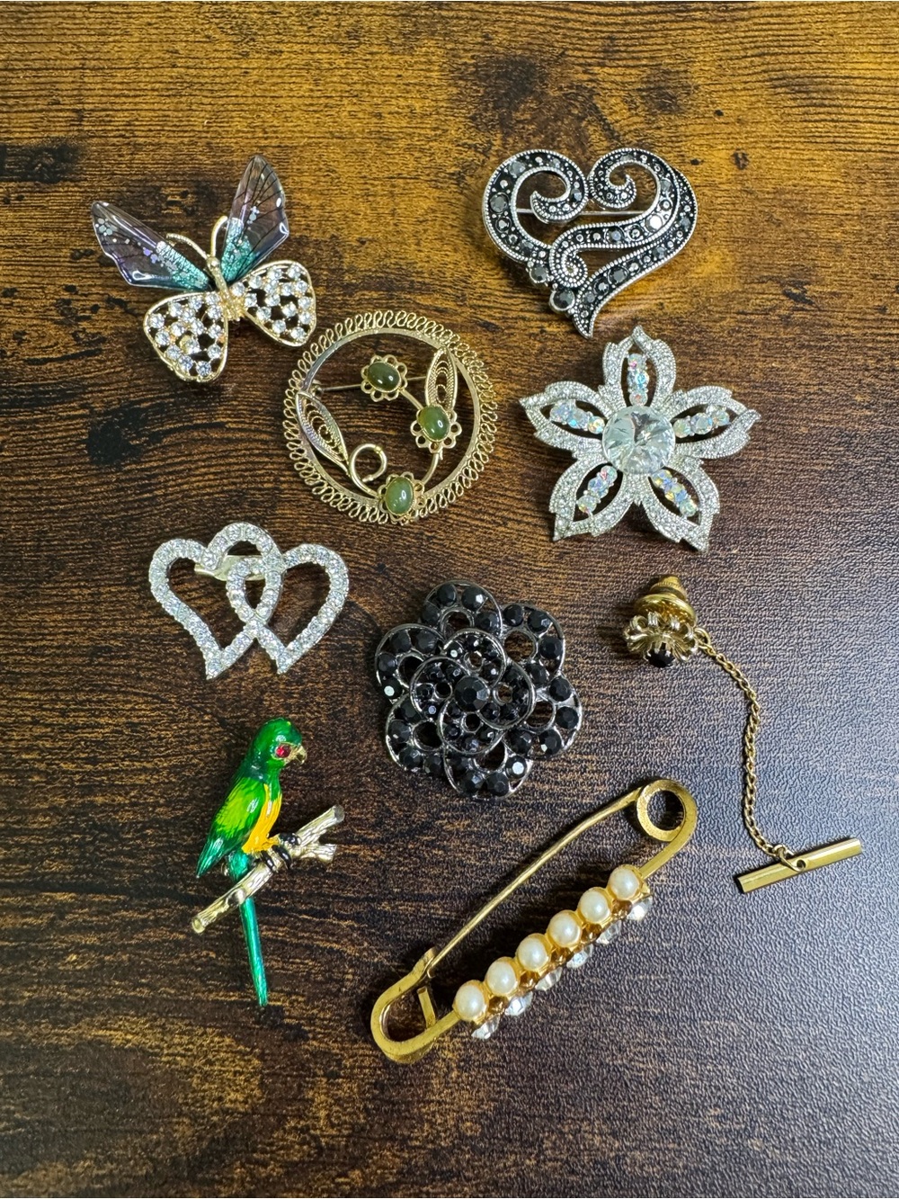 Assorted Jewelry Brooch Pin Bundle - Green Parrot, Butterfly Heart Flower Jade